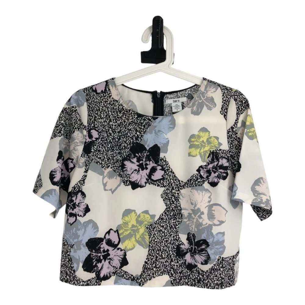 BAR  III Black & White Multicolor Floral Printed Short Sleeve Jewel Neck Top S - Picture 2 of 13